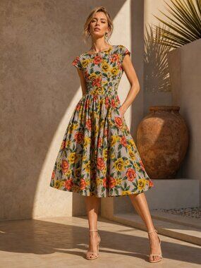 Vintage Designer Floral Cotton Poplin Dress Full Button Back Pockets Lined Skirt